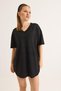 Black Cotton Polyester Blend V-Neck Basic Long Back Short Sleeve Relaxed Fit T-Shirt - 2