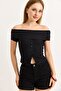 Black Ribbed Knitted Fabric Boat Neck Short Sleeve Slim Fit Stretchy Blouse with Button Detail on the Front