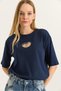 Navy Blue Cotton Crew Neck Short Sleeve Heart-Cut Stone Embroidered Detailed T-Shirt - 4