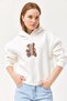 White Cotton Blend Hooded Collar Off-Shoulder Three-Thread Sweatshirt with Embroidery Detail
