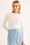 White Stretchy Fabric Crew Neck Long Sleeve Straight Cut Blouse with Finger Loop Detail - 3