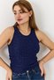 Navy Blue Stretchy Camisole Fabric Thick Straps Round Neck Stone Detailed Slim Fit Blouse - 3