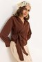Brown Double-Breasted Collar Long Sleeve Off-Shoulder Side Belted Woven Shirt - 4