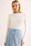 White Stretchy Fabric Crew Neck Long Sleeve Straight Cut Blouse with Finger Loop Detail - 4