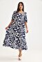 Navy Blue Woven Polyester Balloon Sleeve Square Neck Gipe Detailed Long Loose Cut Patterned Dress