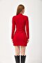 Red Sandy Fabric Long Sleeve Pencil Form Dress with Draped Sides Slim Fit Stretchy Knitted Dress - 3