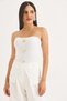 White Ottoman Fabric Strapless Collar Slim Fit Ribbed Knitted Blouse with Metal Button Detail on the Front