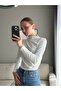 White Polyester Fabric Turtleneck Basic Form-Fitting Blouse with Draped Front and Long Sleeves, Flexible Texture - 4