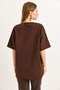 Brown Stretchy Textured Crew Neck Drop Shoulder Oversized Front Print Short Sleeve T-Shirt - 4