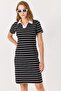 Black Cotton Stretch Fabric Crew Neck Short Sleeve Striped Pattern Knitted Dress - 3