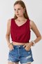 Burgundy Camisole Textured Strappy V-Neck Crop Form Sleeveless Knitted Blouse with Elastic Detail at the Hem