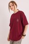 Burgundy Cotton Crew Neck Oversize Drop Shoulder Two Thread Mom Embroidery Detailed T-Shirt - 3