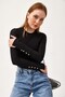 Black Cotton Blend Crew Neck Long Sleeve Knitted Blouse with Button Detail at Ankle - 3