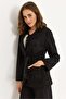 Black Cotton Suede Textured Waist-Tied Buttoned Pocketed Long Sleeve Classic Collar Jacket - 4