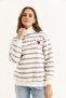 Mink White Three-Thread Stand Collar Oversize Striped Heart Embroidered Half-Zip Sweatshirt