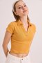 Mustard Knitted Camisole Fabric Polo Collar Short Sleeve Basic Ribbed Crop Form Blouse - 2
