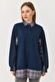 Navy Blue Cotton Woven Shirt Collar Long Sleeve Relaxed Fit Plaid Detailed Buttoned Tunic