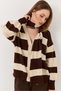 Brown Knitwear Soft Textured V-Neck Relaxed Fit Scarf Detailed Buttoned Striped Cardigan - 3