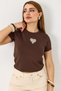 Brown Cotton Textured Crew Neck Short Sleeve Crop Form Blouse with Stone Heart Detail - 2