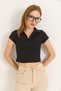Black Knitted Camisole Fabric Polo Collar Short Sleeve Basic Form Crop Blouse - 5