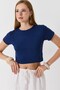 Navy Blue Stretchy Combed Cotton Fabric Crew Neck Short Sleeve Modern Cut Crop Blouse - 2