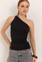 Black Stretchy Fabric One-Shoulder Detailed Slim Fit Sleeveless Comfortable Knitted Blouse - 3