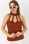 Brown Stretchy Knitwear Half Turtleneck Modern Cut Window Detailed Sleeveless Knitted Blouse - 3
