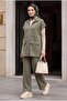 Double Suit with Stand Collar, Zipper Closure, Double Pockets, Elastic Waist - Olive Green - 3