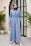 Denim Dress with Elastic Waist and Side Pockets - Ice Blue - 5