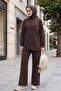 Pantsuit with Side Slits and Grass-Green Front Panel - Dark Brown - 5