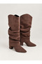 Fame Slouchy Dusty Brown Detailed Drawstring Detachable Apparatus Boots Heeled Pointed Toe Zippered Women's Shoes Bitter Brown Suede - 5