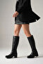 Women's Black Zippered Thick Heeled Genuine Leather Boots - 3