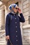 Long Quilted Coat with Chain Detail on the Collar - Navy Blue - 3