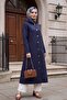 Long Quilted Coat with Chain Detail on the Collar - Navy Blue