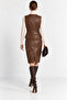 Brown Elara Crocodile Patterned Genuine Leather Pencil Skirt - 4