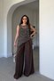 Asymmetrical Cut Imported Sequin Embroidered Blouse with Inner Lining - Brown - 3