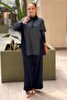 Shirt Collar Snap Button Striped Tunic Pants Set - 2