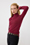 Long Sleeve Knitted Blouse with Tie-Back Detail - Burgundy - 3