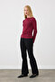 Boat Neck Long Sleeve Knitted Blouse - Burgundy - 5