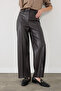 Ribbed Stitched Wide Leg Leather Trousers - Brown - 2