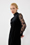 Lace Detailed High Neck Mini Velvet Dress - Black - 5