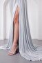 Women's Green Asymmetrical Collar Slit Long Evening Dress - 4