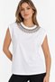 Women's Design T-Shirt with Stone and Bead Embroidery Detail, Low Double Sleeves, White Blouse - 5
