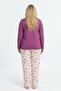 Women's plus size pajama set with solid plum top, crew neck button-down, and patterned bottoms, 100% cotton. - 2