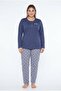 Solid color crew neck button-down, patterned bottom, plus size women's pajama set, 100% cotton.