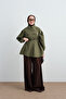 Women's Balloon Sleeve Hidden Button Shirt Khaki Green - 3