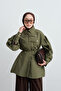 Women's Balloon Sleeve Hidden Button Shirt Khaki Green