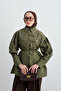 Women's Balloon Sleeve Hidden Button Shirt Khaki Green - 4