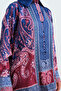 Women's Brit Buttoned Ethnic Patterned Shirt Collar Satin Suit Navy Blue - 5