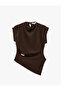 Asymmetrical Stand Collar Sleeveless Blouse with Metal Accessory Detail
